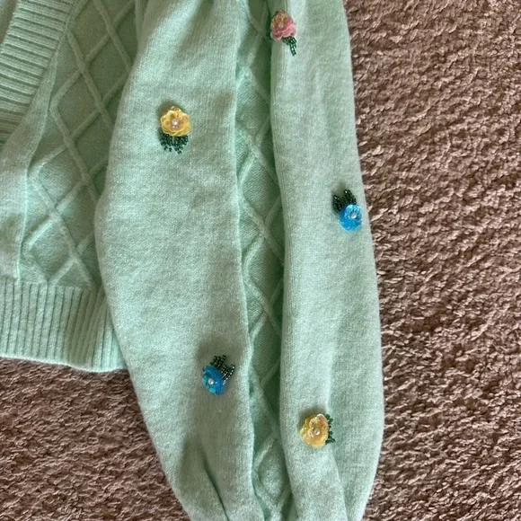 For Love and Lemons Mint Green Beaded Floral Sutton Cardigan Sweater Small - Picture 3 of 6